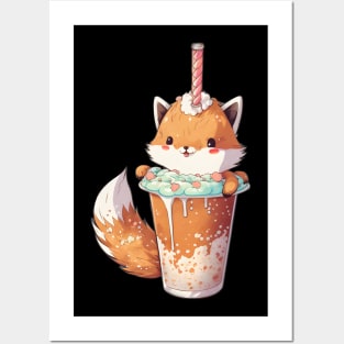 Kawaii Fox Drinks Boba Bubble Tea Anime Posters and Art